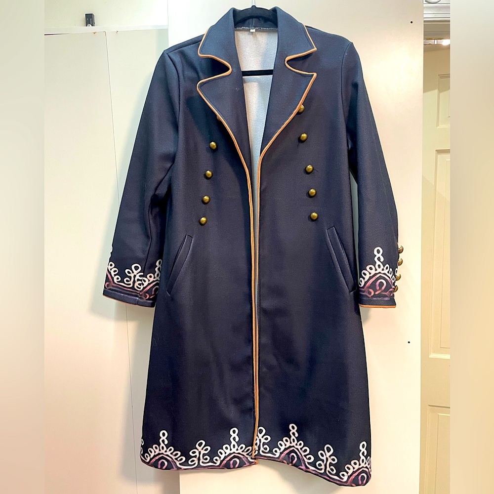 NEW! Extra Long Navy Blazer / Jacket with light pink & white pattern trim.